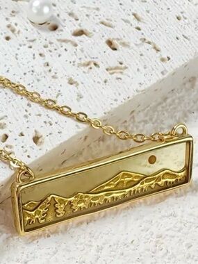 “Golden Landscape” Artwork Sun Mountainscape Mountains Horizontal Steel Necklace